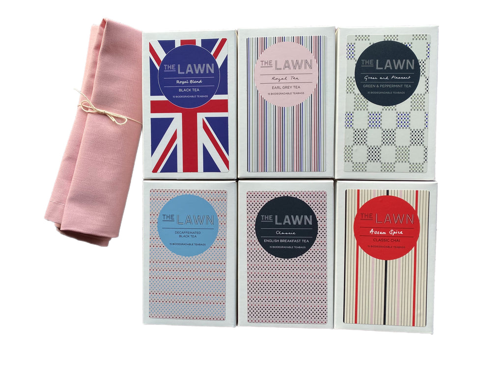 CLASSIC TEA BAG BOX COLLECTION, 6 Boxes of 15 Pyramid Tea Bags with Pink Tea Towel