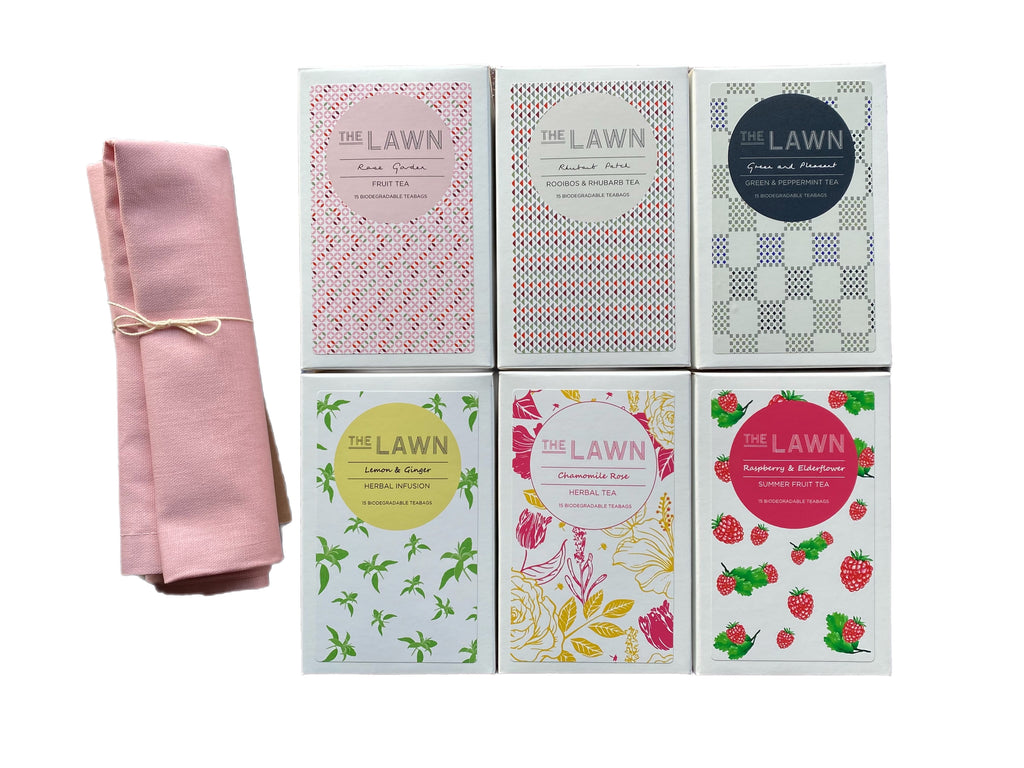 FRUIT & HERBAL TEA BAG BOX COLLECTION, 6 Boxes of 15 Pyramid Tea Bags with Pink Tea Towel